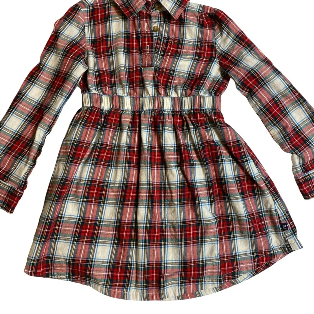 GAP Red Plaid Button Down Shirt Dress with Black Leggings 4/5 girls